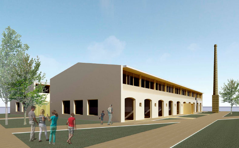 Simulación de un edificio con gente paseando por los alrededores.