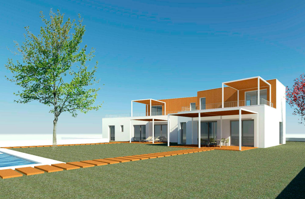 Simulación del exterior de la fachada interior de una vivienda con piscina