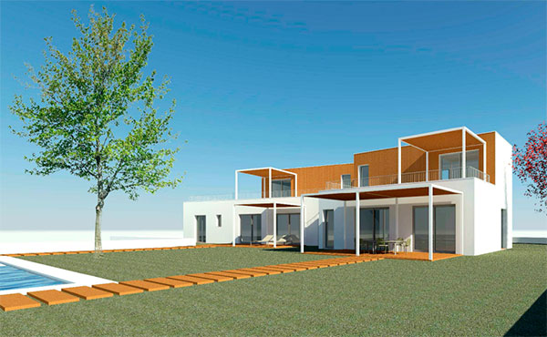 Simulación del exterior de la fachada interior de una vivienda con piscina